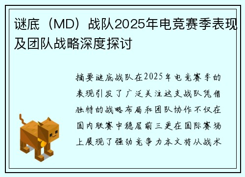 谜底（MD）战队2025年电竞赛季表现及团队战略深度探讨