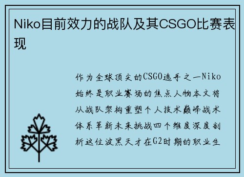Niko目前效力的战队及其CSGO比赛表现